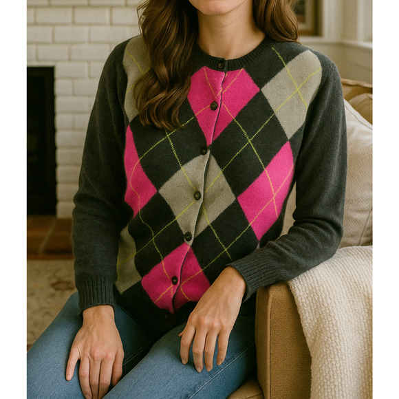 Apt 9 Cashmere Cardigan Sweater Gray Argyle Diamond Button Up Women's Size XL - Picture 1 of 16